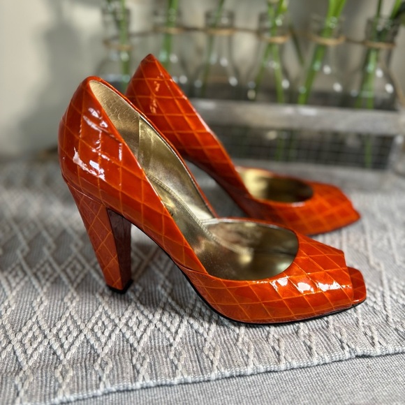 Enzo Angiolino’s ‘Eagemma’ Vibrant Orange Diamond Peep Toe Heels - Size 5 1/2 M - Picture 1 of 13